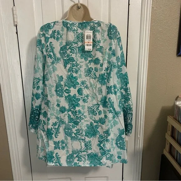 Charter Club Floral Blouse Top Teal Blue White Plus Size 2X S1 - Picture 2 of 7